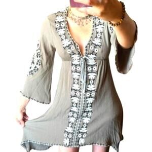 Olive Green Embroidered Boho Fairy Dress – Bell Sleeve Sharkbite Hem